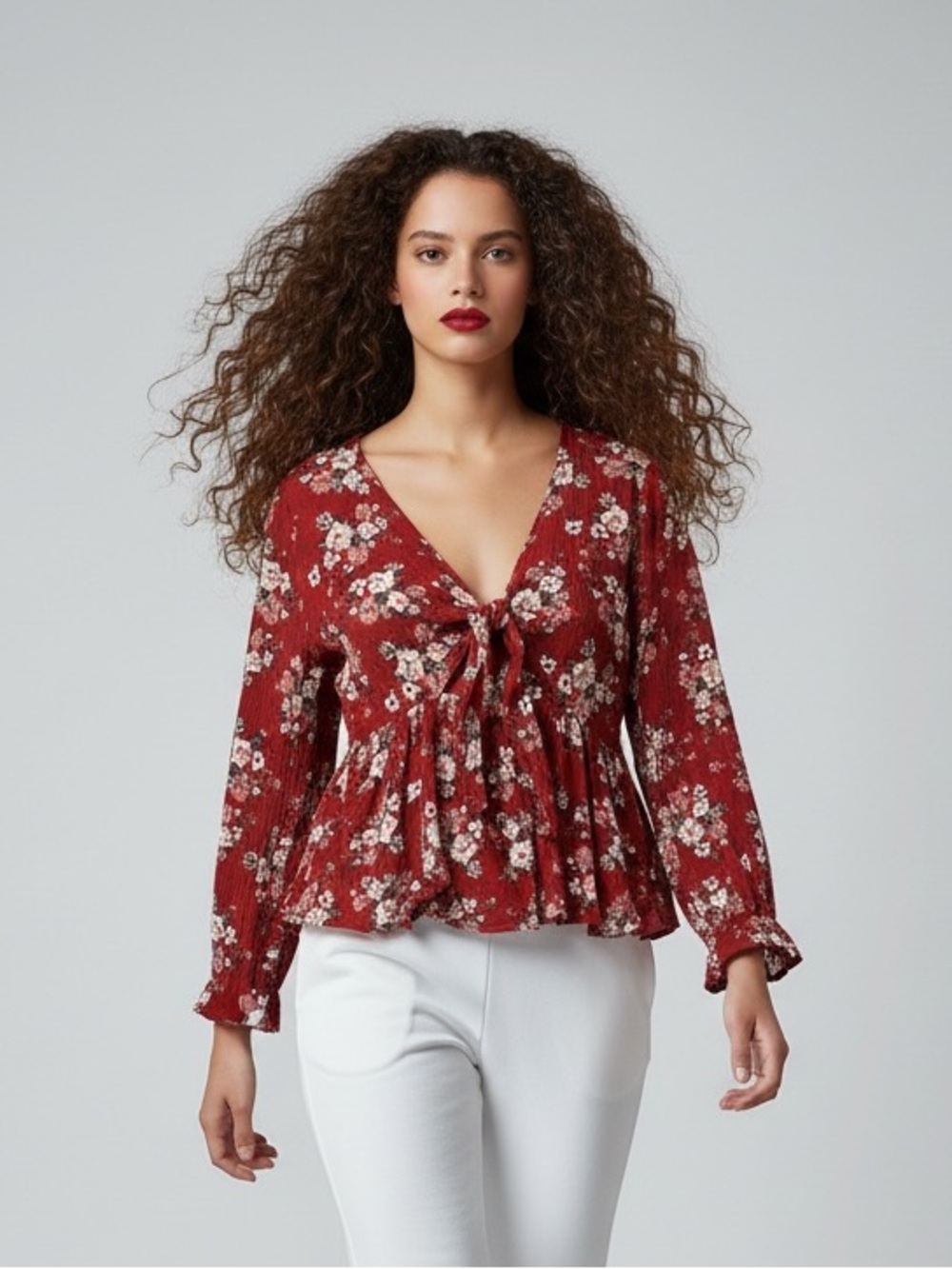American Eagle AEO Red Floral Tie Front Peplum Blouse XL